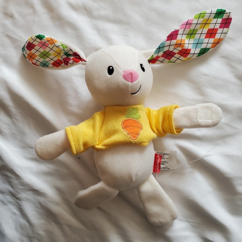 Plush Bunny Infantino Lovey Argyle Pattern Ears and Yellow Carrot Sweater Easter